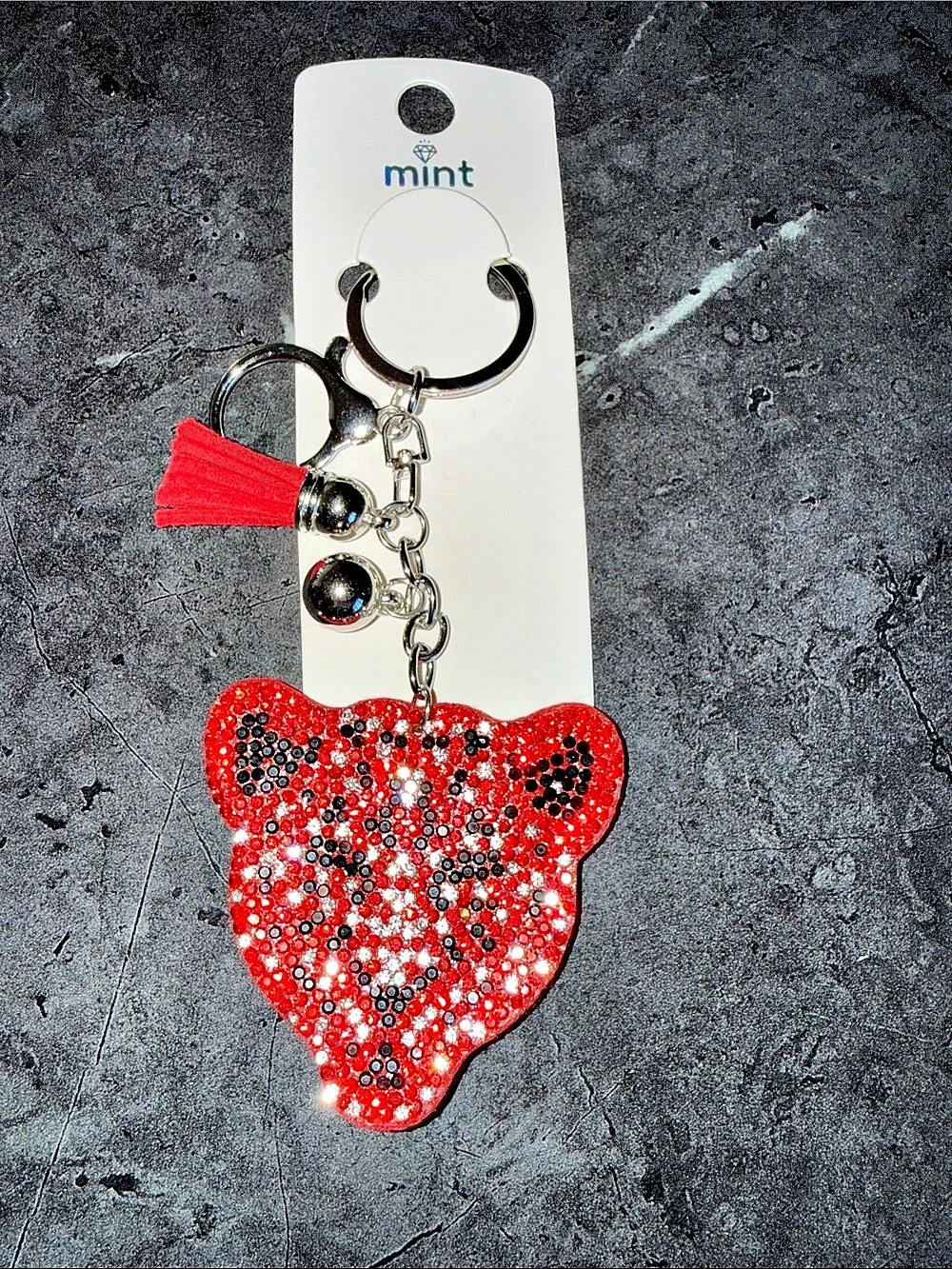 Mint Rhinestone Leopard Cheetah Head Keychain Bag Charm with Tassel